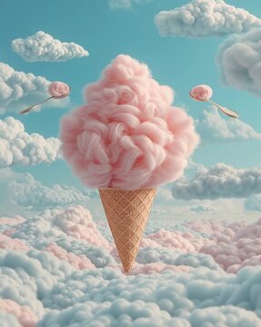 Surreal ice cream cone with cotton candy floating in a cloud sky