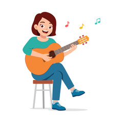 Young Woman Playing Guitar While Sitting on a Stool with Musical Notes