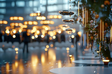 Stunning wedding ceremony featuring futuristic decor, elegant lighting, and suspended cars, creating magical atmosphere