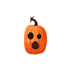 Halloween pumpkin. Charming pumpkin with a sweet smile and round eyes, perfect for Halloween. Bright orange color and a brown stem, simple design. Autumn celebration. For decoration, advertising.
