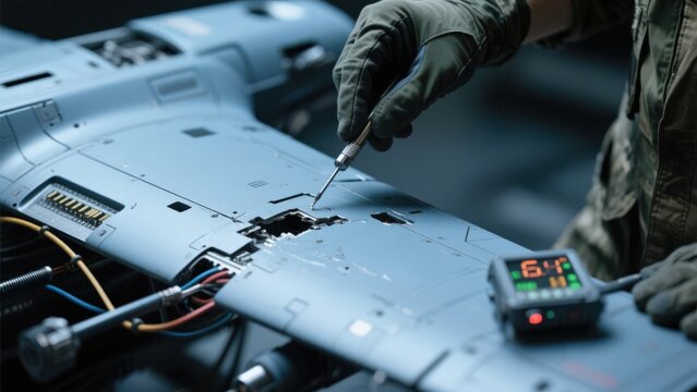 Technician inspecting drone components with tools.