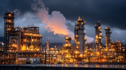 Fototapeta premium Illuminated industrial oil refinery at night under a stormy, cloudy sky. For energy, manufacturing, and economic growth concepts or related subjects.