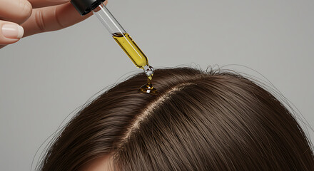 Close-up of hand applying hair oil or serum with a dropper directly onto the scalp for hair health.