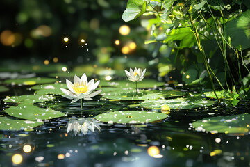 Serene illustration of lotus flowers floating on tranquil pond, surrounded by lush greenery and soft glowing lights