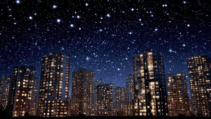 Fototapeta premium Illuminated skyscrapers beneath a starlit night sky.
