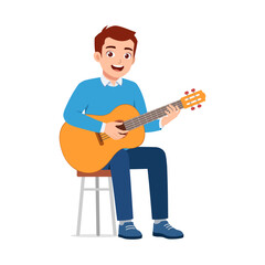 Happy Young Man Plays Acoustic Guitar while Sitting on Stool Illustration
