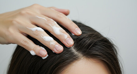Naklejka premium Close-up of hand applying hair treatment to scalp and dark hair for nourishment and care