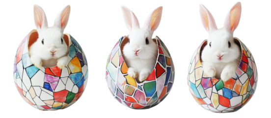 Adorable fluffy bunny peeking out from broken mosaic-patterned egg isolated on white transparent background. Symbolizing Easter, spring, and new beginnings