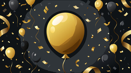Vector art of a central golden balloon is surrounded by black balloons, confetti, and ribbons, evoking a sense of joyous celebration