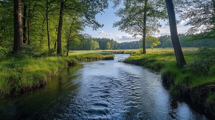 Calm River Meandering Through Woodland Forest 
