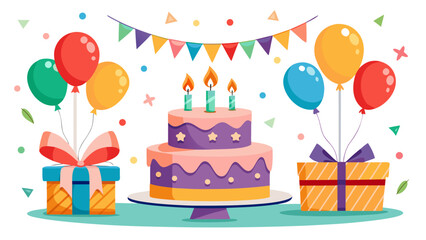 Vector art of a delightful birthday arrangement showcasing a beautiful cake, festive balloons, gift boxes, and a happy birthday banner