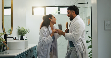 Signing, love and brush with couple in bathroom for morning routine, bonding and anniversary celebration. Happiness, support and karaoke with man and woman in home for dancing, music and self care