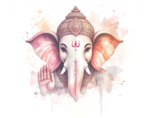 Naklejka premium Vintage Watercolor Painting of Lord Ganesha’s Head in Soft Tones