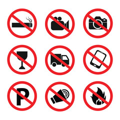 Collection of Prohibition Signs No Smoking Filming Photography Alcohol Trucks Phones Parking Speakers and Open Flames