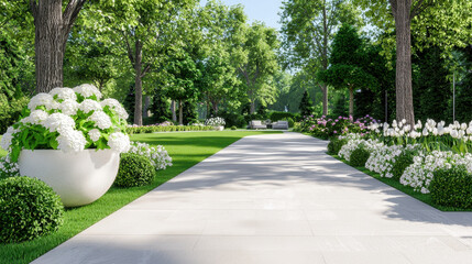 Serene garden pathway lined with vibrant flowers and lush greenery, showcasing peaceful landscape design