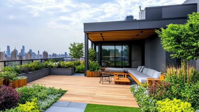 A rooftop garden in modern planters, a stylish patio area with seating, and a stunning city skyline in the background, perfect for urban living advertisements.