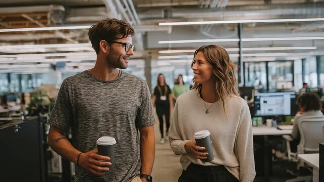 Coffee Break Convo: Two office workers in a bustling, modern workspace pause for an engaging chat, their coffee cups in hand, set against a backdrop of collaborative energy. 