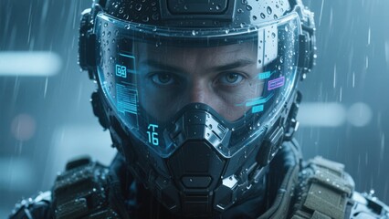 Close-up of a soldier's helmet with digital interface.