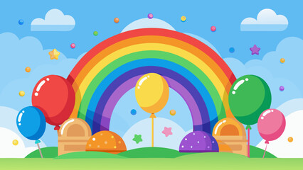 Vector art of a delightful scene with a rainbow arch, floating balloons, and whimsical cloud formations against a bright blue sky