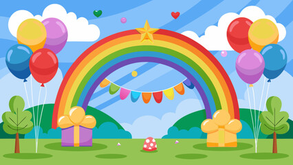 Vector art of a vibrant rainbow arch with colorful balloons and gifts creates a festive birthday party scene with a cheerful sky and grassy landscape