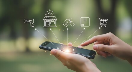 A person uses a smartphone to shop online, with shopping icons displayed above the screen.