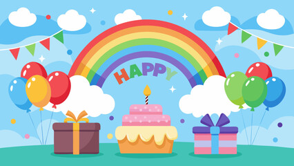 Vector art of a delightful birthday scene features a tiered cake, a rainbow arch, colorful balloons, and gifts, creating a joyous celebration