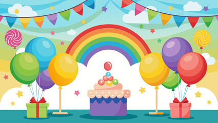 Vector art of a vibrant birthday celebration unfolds with a colorful rainbow, festive balloons, a delightful cake, and wrapped gifts under a sky filled with clouds and decorations