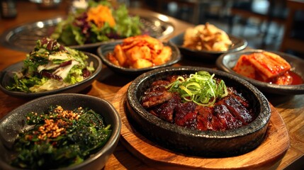 Fototapeta premium Various Korean dishes are arranged on wooden table at restaurant. Perfect for blogs about food, travel, and experiencing Korean culture.