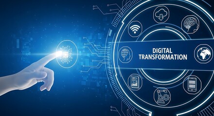 A hand interacts with a digital interface showcasing elements of digital transformation.
