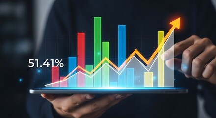 Businessperson interacting with a tablet displaying a growing bar graph, signifying financial success.