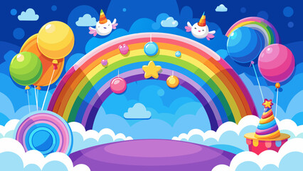 Vector art of a whimsical birthday party scene unfolds with a vibrant rainbow, cute unicorns, colorful balloons, and sweet treats under a starry blue sky
