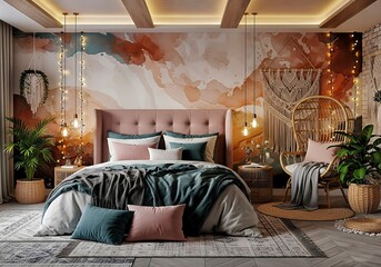 Boho Glam Bedroom Interior with Rattan Decor and Colorful Accents