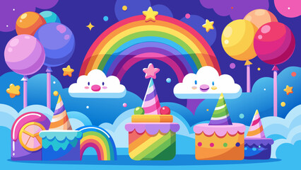 Obraz premium Vector art of a festive birthday panorama features a brilliant rainbow, playful unicorns, colorful balloons, and decorated cakes against a magical sky