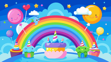 Naklejka premium Vector art of a whimsical scene unfolds with a vibrant rainbow arching over a delightful collection of unicornthemed cupcakes and sweet treats under a cheerful sky