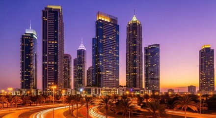 Modern Cityscape at Dusk Illuminated by City Lights