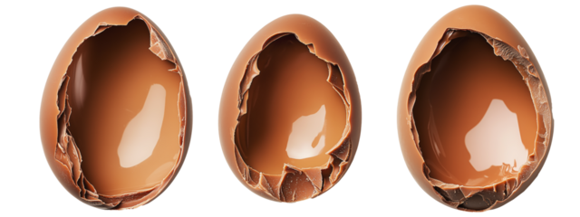 A hollow chocolate egg with cracked shell, revealing its smooth interior, isolated on white transparent background. Concept of Easter treats and sweets