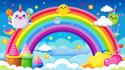 Vector art of a whimsical unicorn with a rainbow and clouds, surrounded by stars and colorful balloons