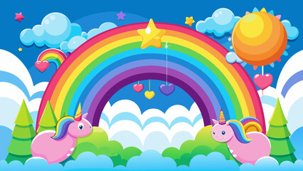 Vector art of two cute pink unicorns under a vibrant rainbow with fluffy clouds and a shining sun