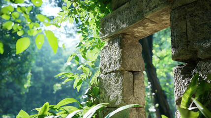 Ancient ruin surrounded by lush greenery, sunlight filtering through leaves, creating serene atmosphere
