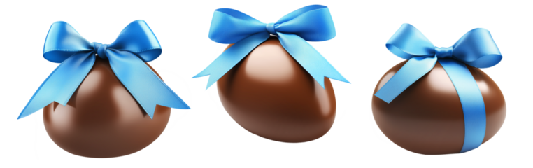 Glossy chocolate Easter egg tied with blue ribbon in bow, isolated on white transparent background. Festive and sweet holiday celebration concept