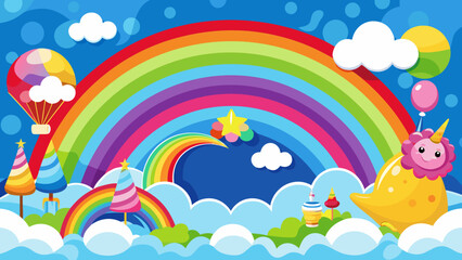 Vector art of a magical birthday scene featuring a unicorn character, festive cakes, balloons, and a bright rainbow
