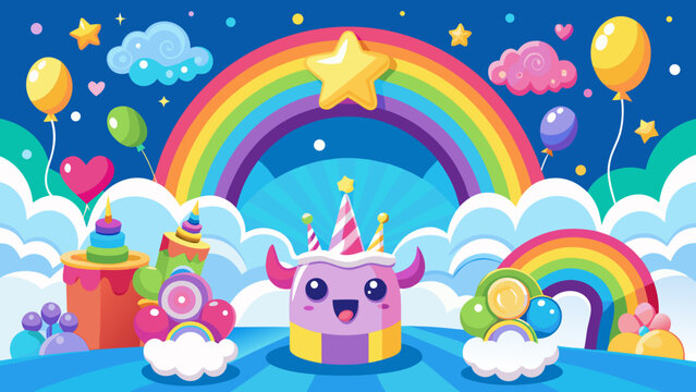 Vector art of a whimsical birthday celebration with a cute monster character, colorful cakes, balloons, and a vibrant rainbow