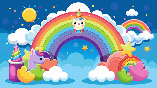 Vector art of a magical unicorn and rainbowthemed birthday scene with festive decorations and clouds - Powered by Adobe