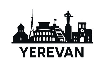 Obraz premium Black Silhouette Skyline of Yerevan with Famous Landmarks
