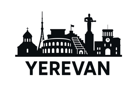 Black Silhouette Skyline of Yerevan with Famous Landmarks