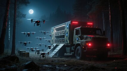 A convoy of drones launches at night under a full moon.