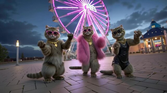 A group of three cats wearing sunglasses in front of a ferris wheel