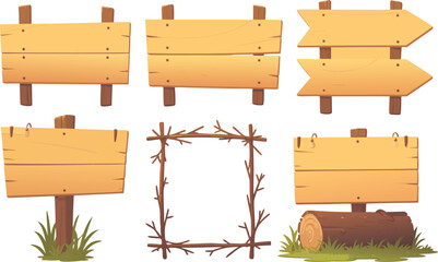 Fototapeta premium Cartoon Wooden Signs and Frames with Various Shapes, Textures, and Natural Accents