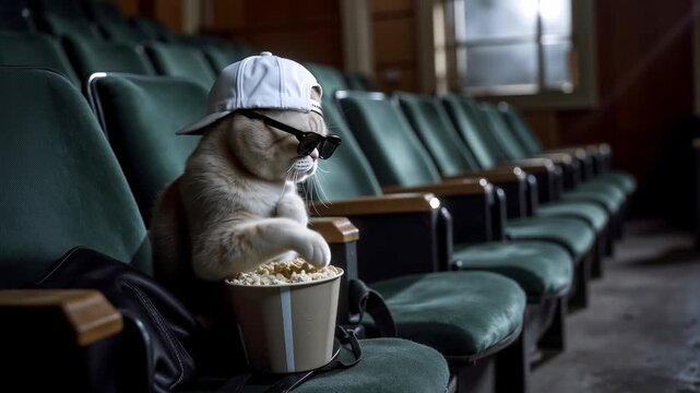 A cat wearing 3D glasses and a hat sitting in a movie theater