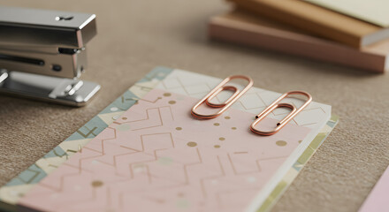 Copper Paperclips Resting on Patterned Paper with Stapler Nearby